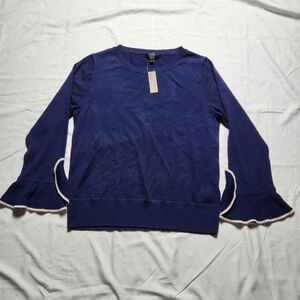 NWT J. Crew Womens Large Merino Wool Crewneck w/ Ruffle Sleeve Sweater Blue